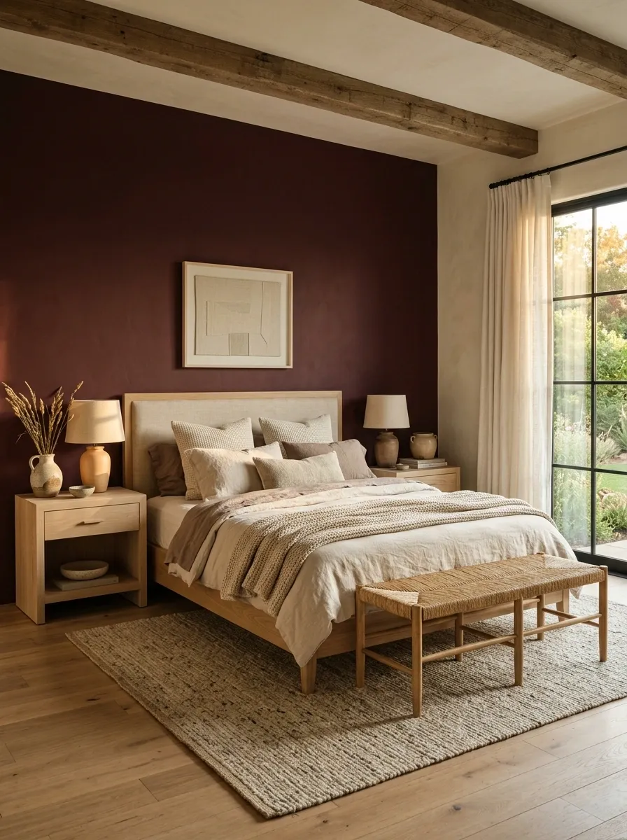 Burgundy and Natural Linen Organic Bedroom