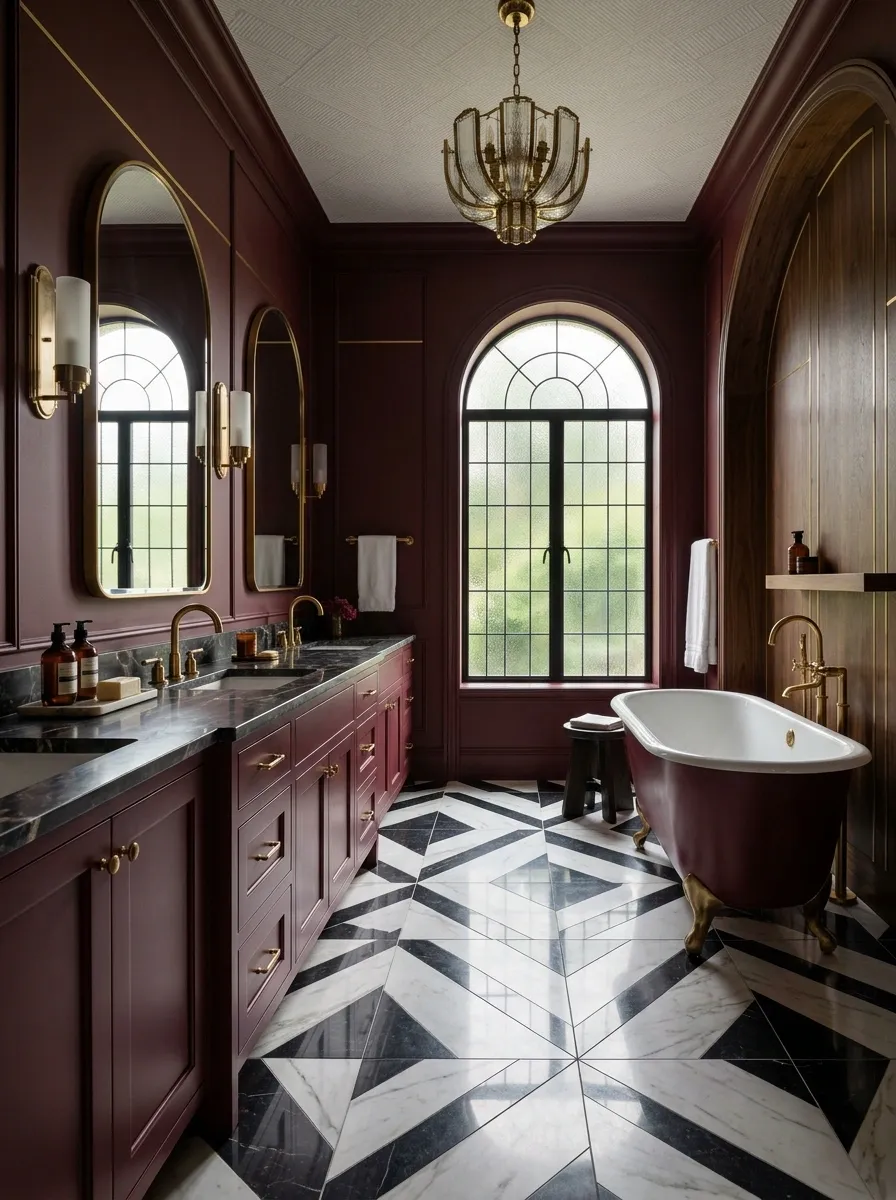 Burgundy Art Deco Bathroom With Geometric Marble