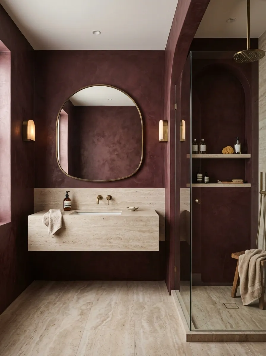 Burgundy Bathroom With Arched Niches and Travertine