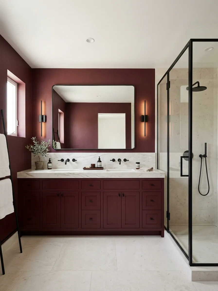 Burgundy Bathroom With Blackened Metal and Pale Marble