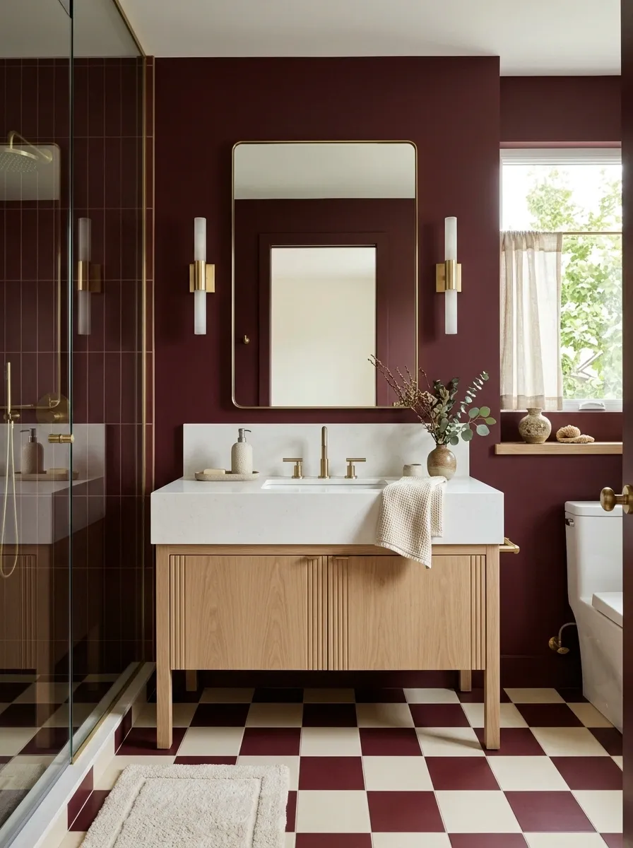Burgundy Bathroom With Cream Checkerboard Floor and Oak