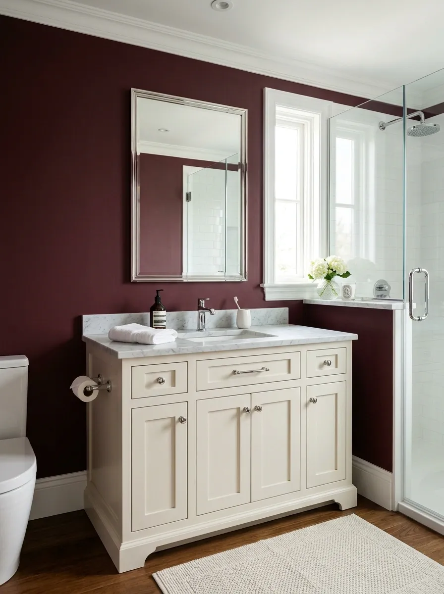 Burgundy Bathroom With Cream Vanity and Polished Chrome