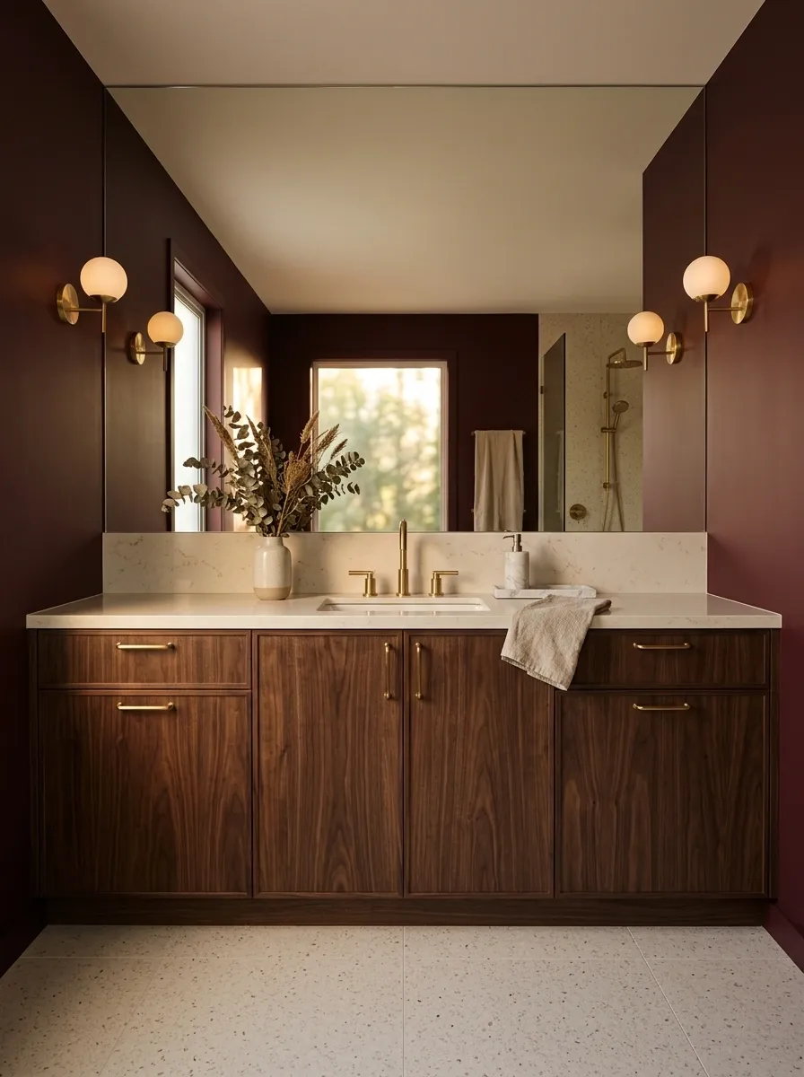 Burgundy Bathroom With Dark Walnut and Cream Terrazzo