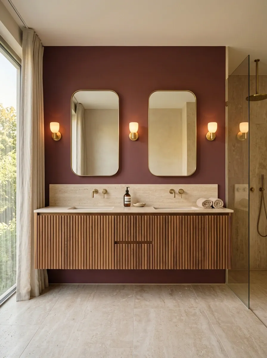 Burgundy Bathroom With Fluted Walnut Vanity and Travertine