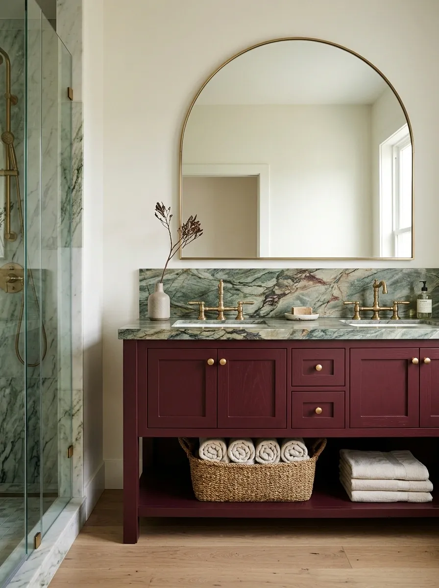 Burgundy Bathroom With Green Marble and Brass