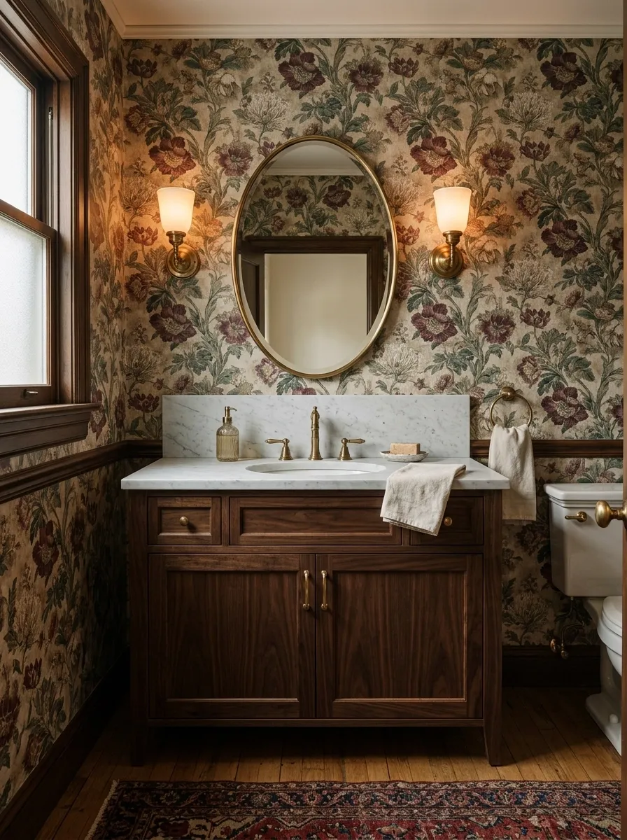 Burgundy Bathroom With Vintage Floral Wallpaper