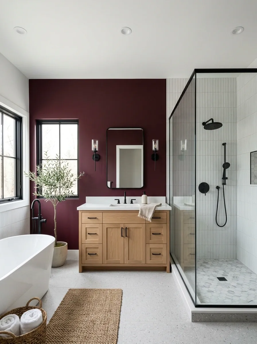 Burgundy Bathroom With White Ribbed Tile and Oak