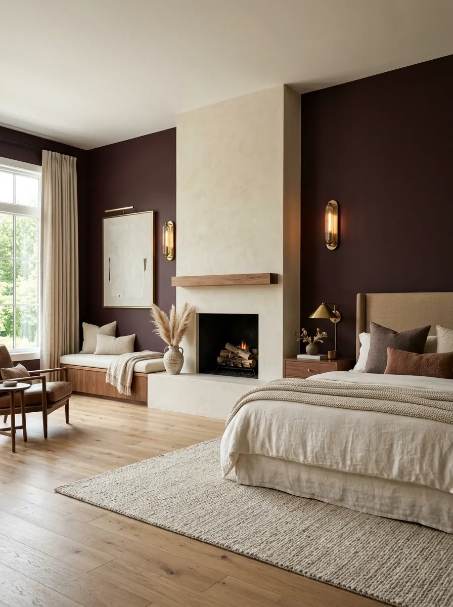 Burgundy Bedroom With a Fireplace and Built-In Bench