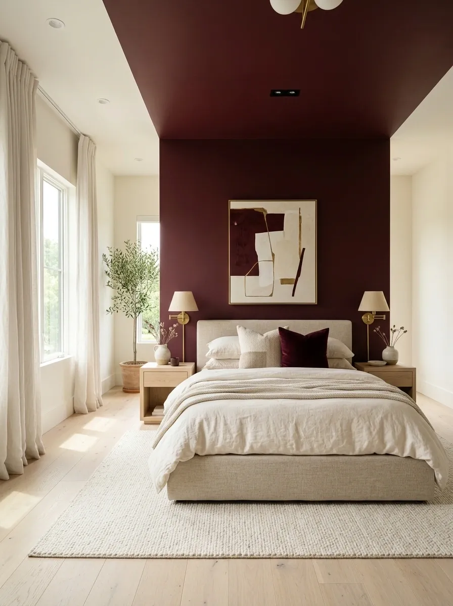 Burgundy Bedroom With a Painted Ceiling and Warm White Walls