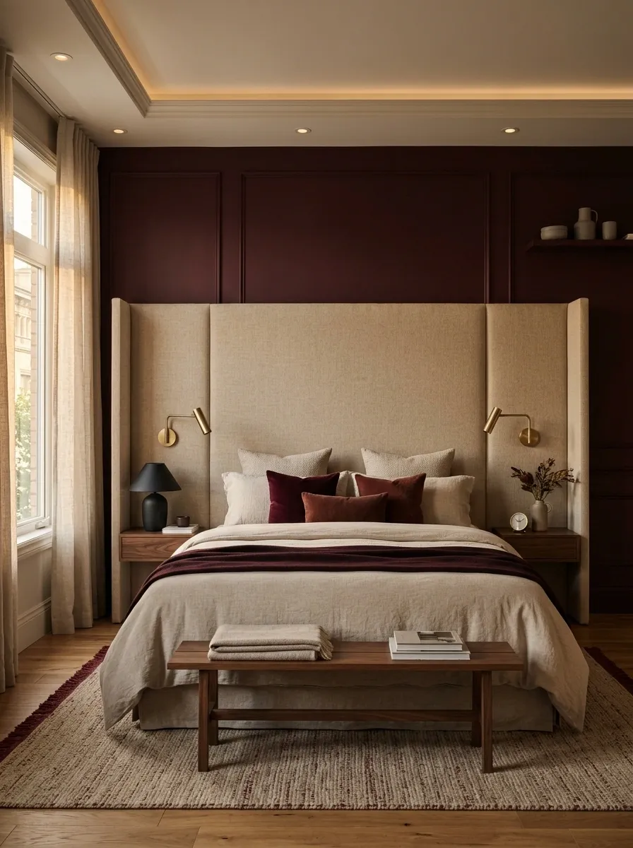 Burgundy Bedroom With an Oversized Upholstered Headboard