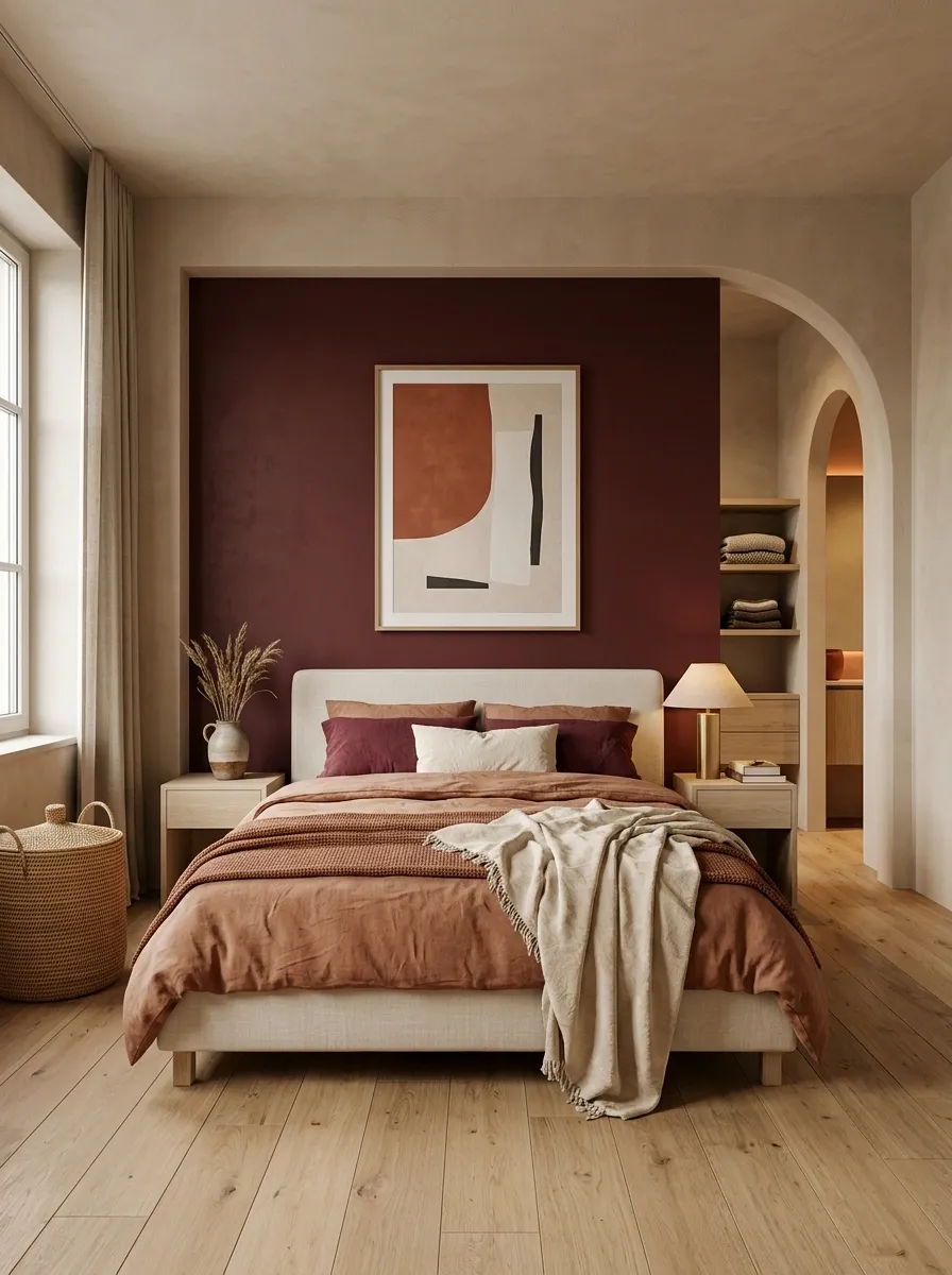 Burgundy Bedroom With Arched Architecture and Warm Plaster