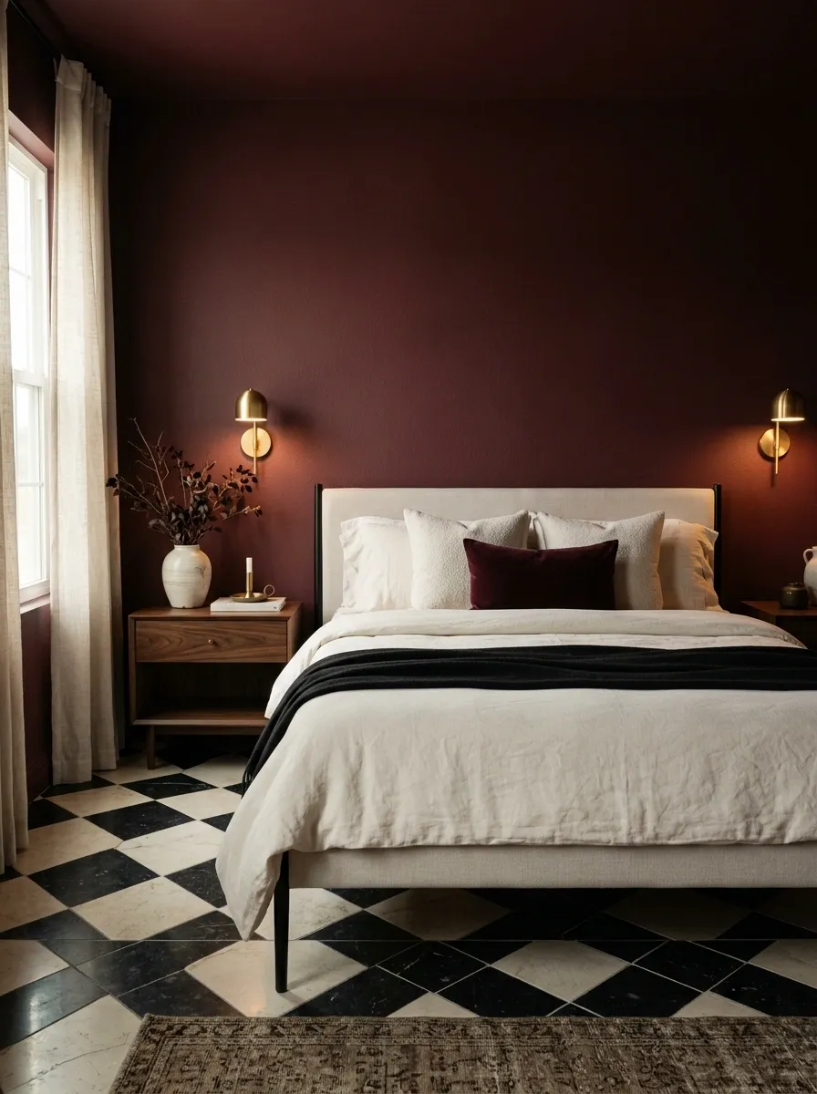 Burgundy Bedroom With Black-and-Cream Checkerboard Flooring