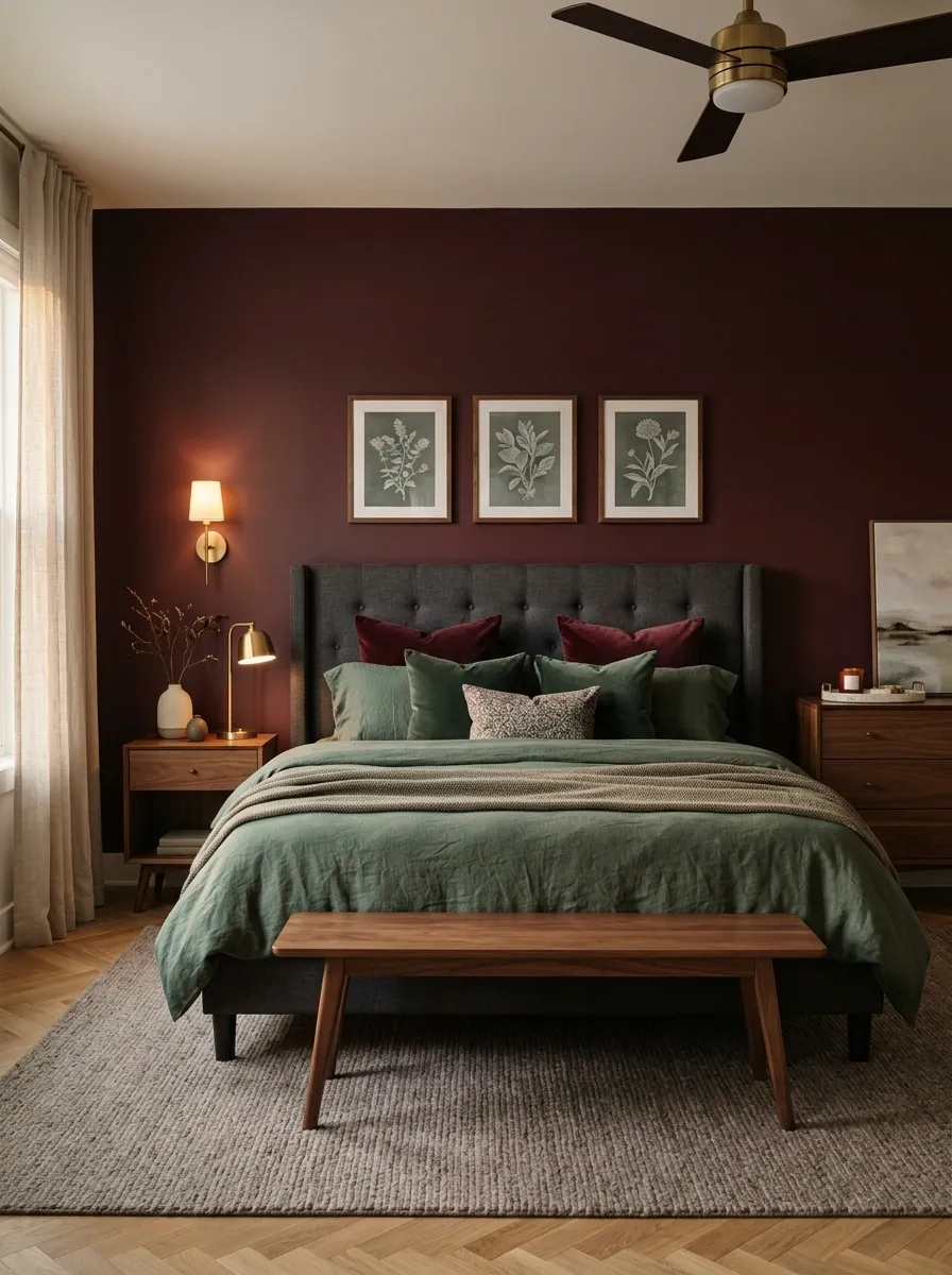 Burgundy Bedroom With Dark Green Botanical Layering