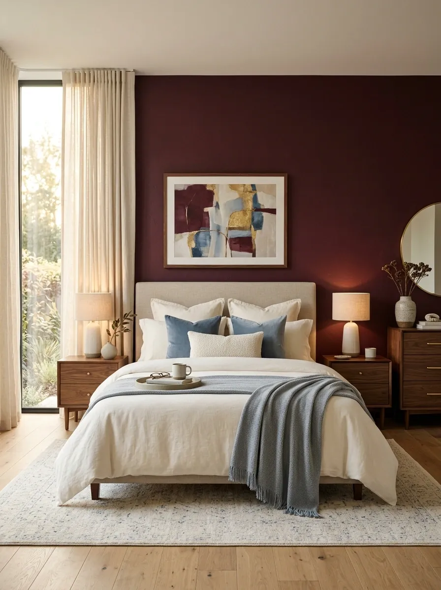 Burgundy Bedroom With Dusty Blue and Walnut Contrast