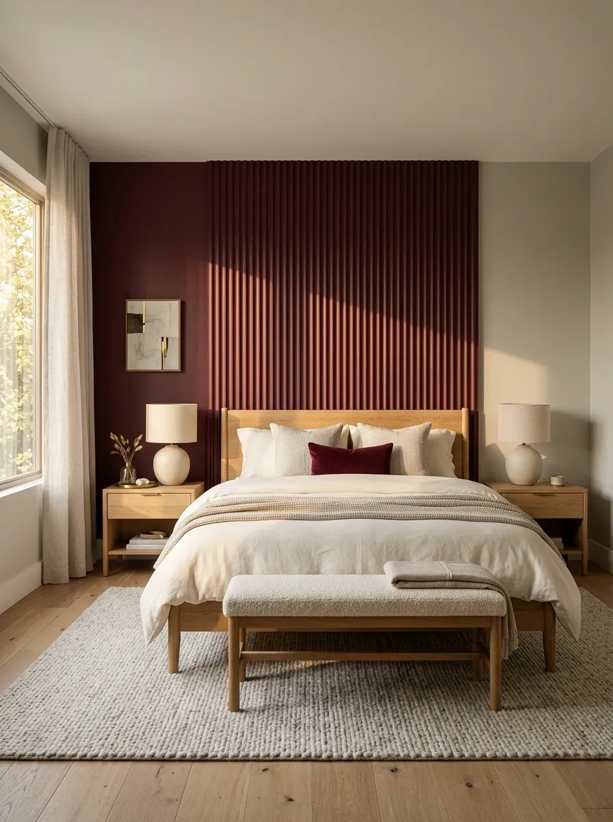Burgundy Bedroom With Fluted Wall Detail and Warm Wood