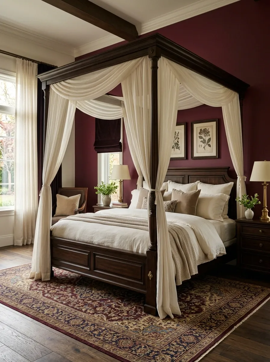 Burgundy Bedroom With Four-Poster Bed and Soft Ivory Drapery
