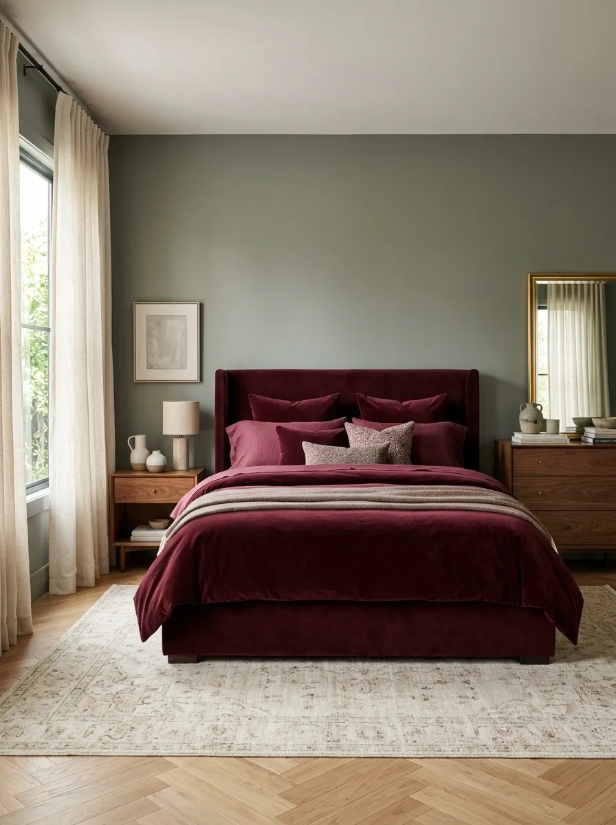Burgundy Bedroom With Green-Gray Walls and Burgundy Bedding