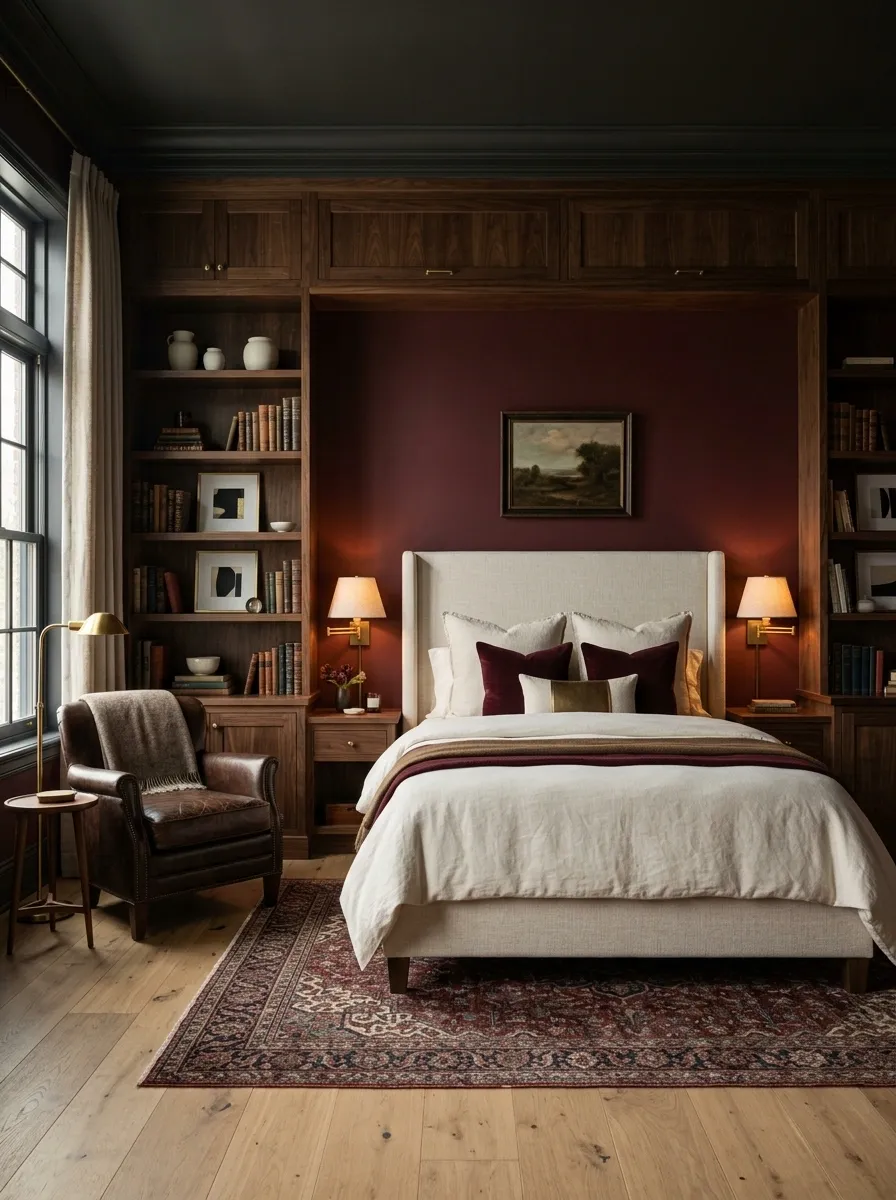 Burgundy Bedroom With Moody Library-Inspired Styling