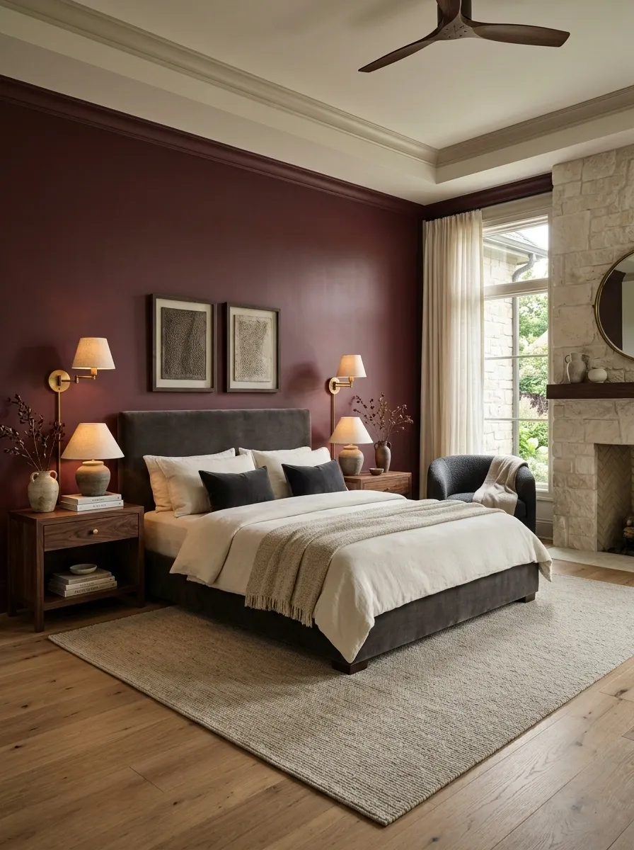 Burgundy Bedroom With Natural Stone, Walnut, and Aged Brass