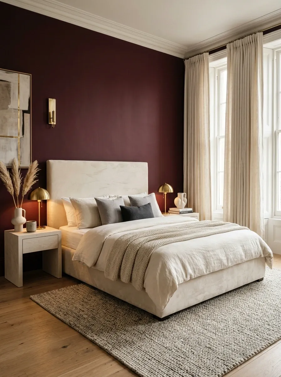 Burgundy Bedroom With Pale Stone and Cream Upholstery
