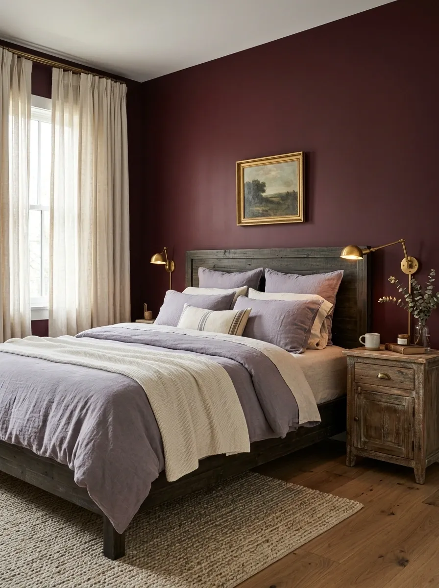 Burgundy Bedroom With Soft Lavender and Aged Wood