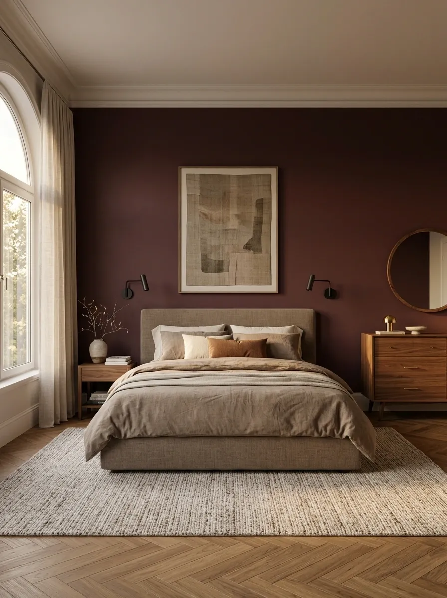 Burgundy Bedroom With Soft Taupe and Black Accents