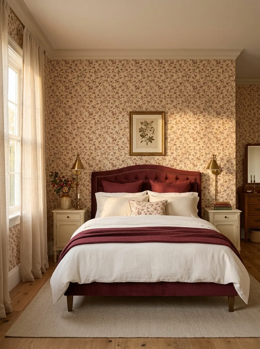 Burgundy Bedroom With Vintage Floral Wallpaper