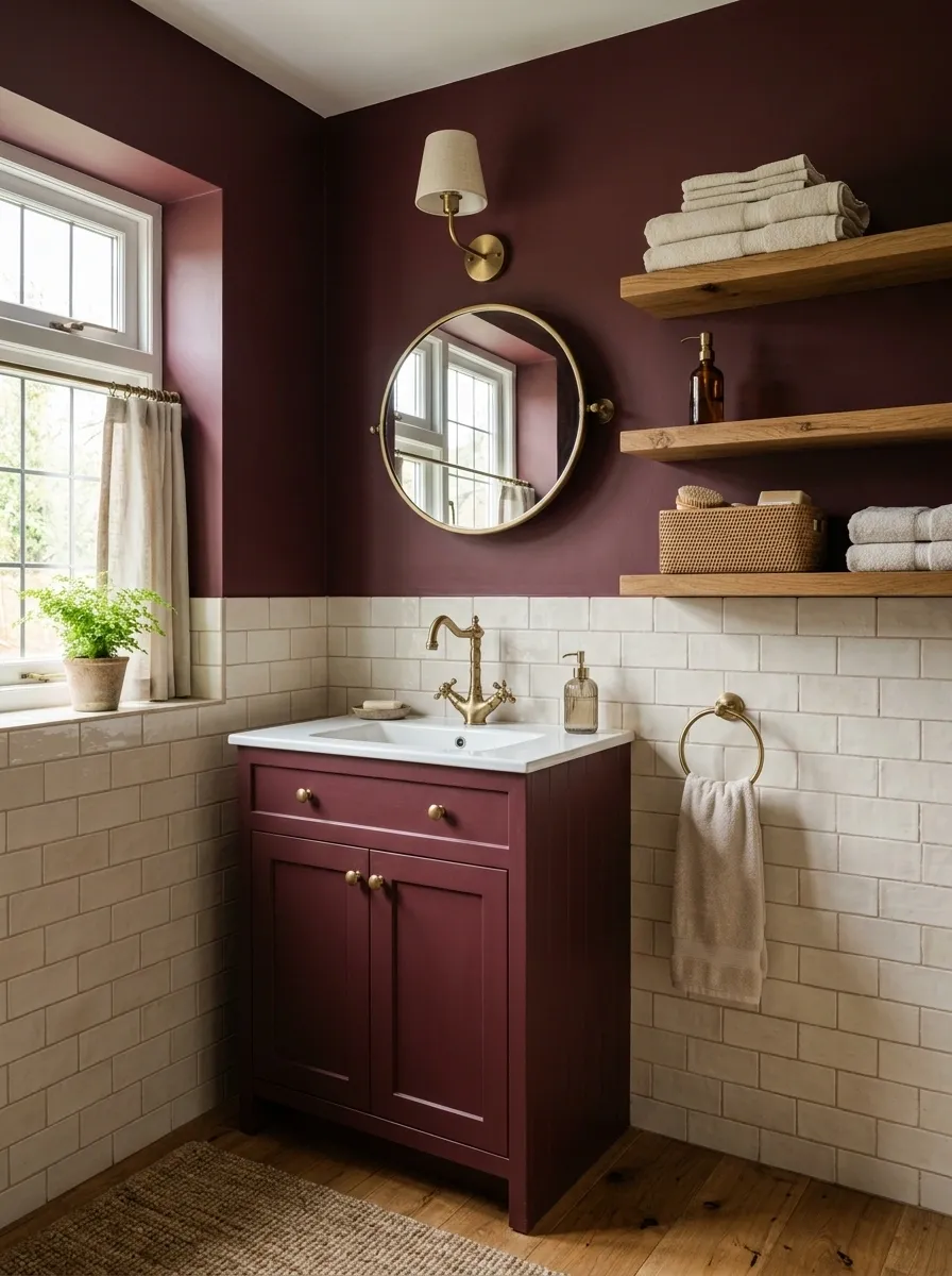 Burgundy Cottage Bathroom With Painted Cabinetry