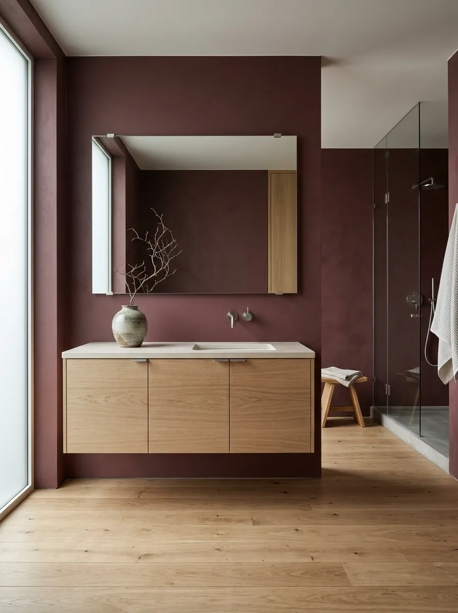 Burgundy Japandi-Inspired Bathroom With Warm Oak