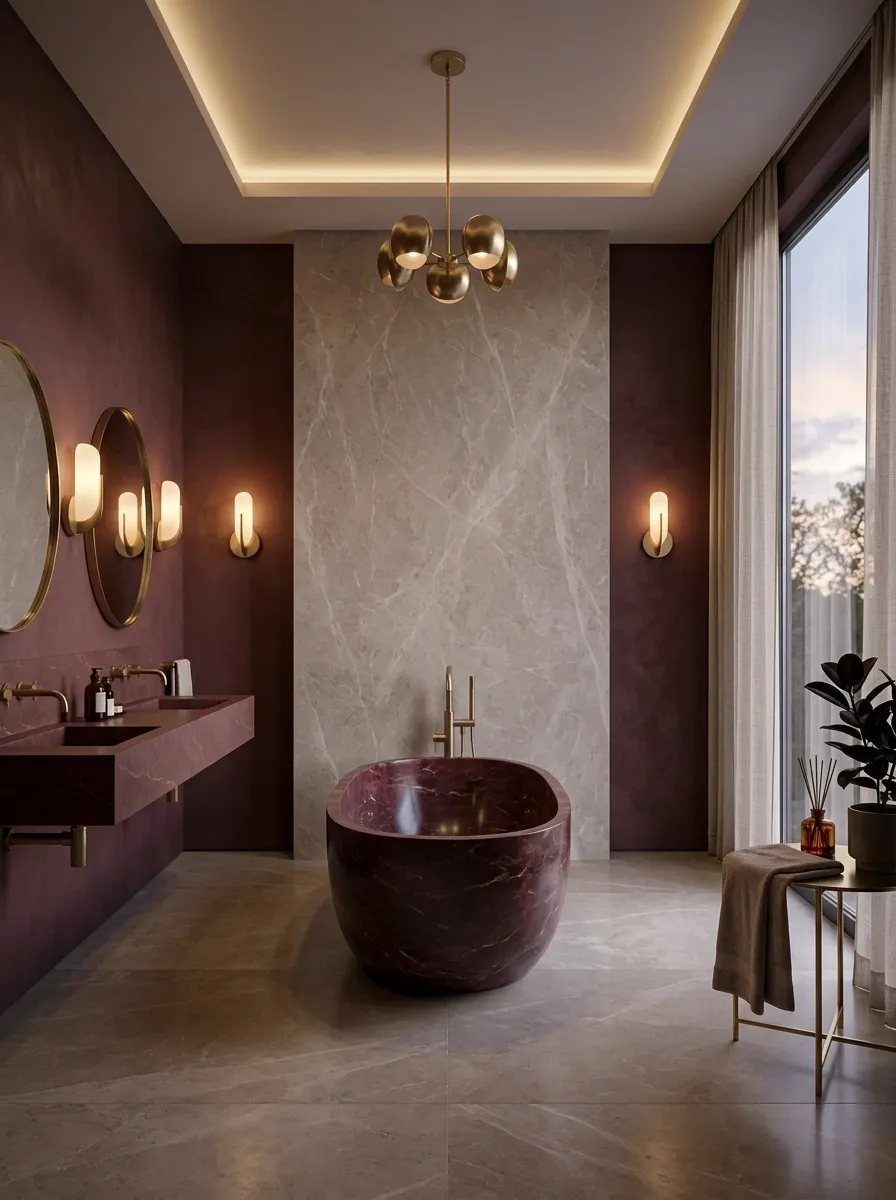 Burgundy Marble Bathroom With Sculptural Freestanding Tub