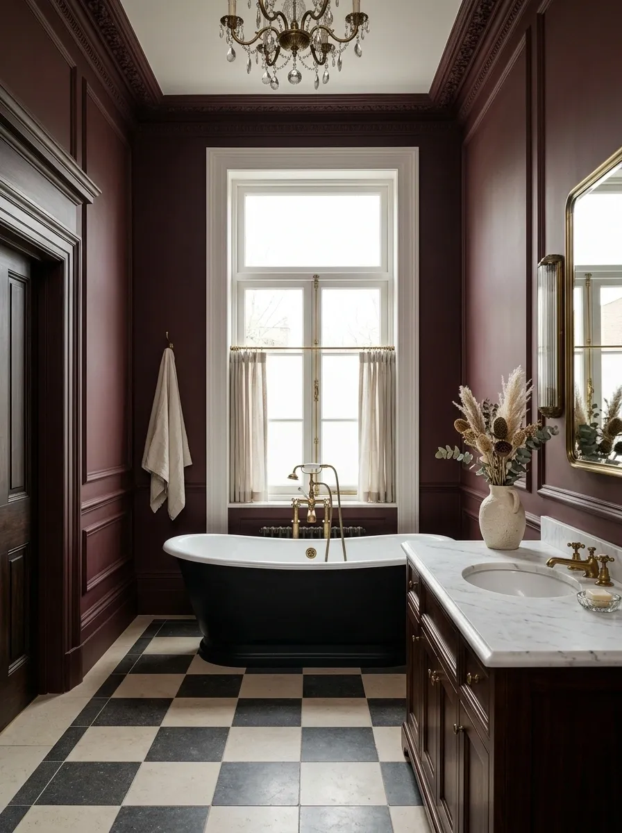 Burgundy Victorian-Inspired Bathroom With Checkerboard Stone