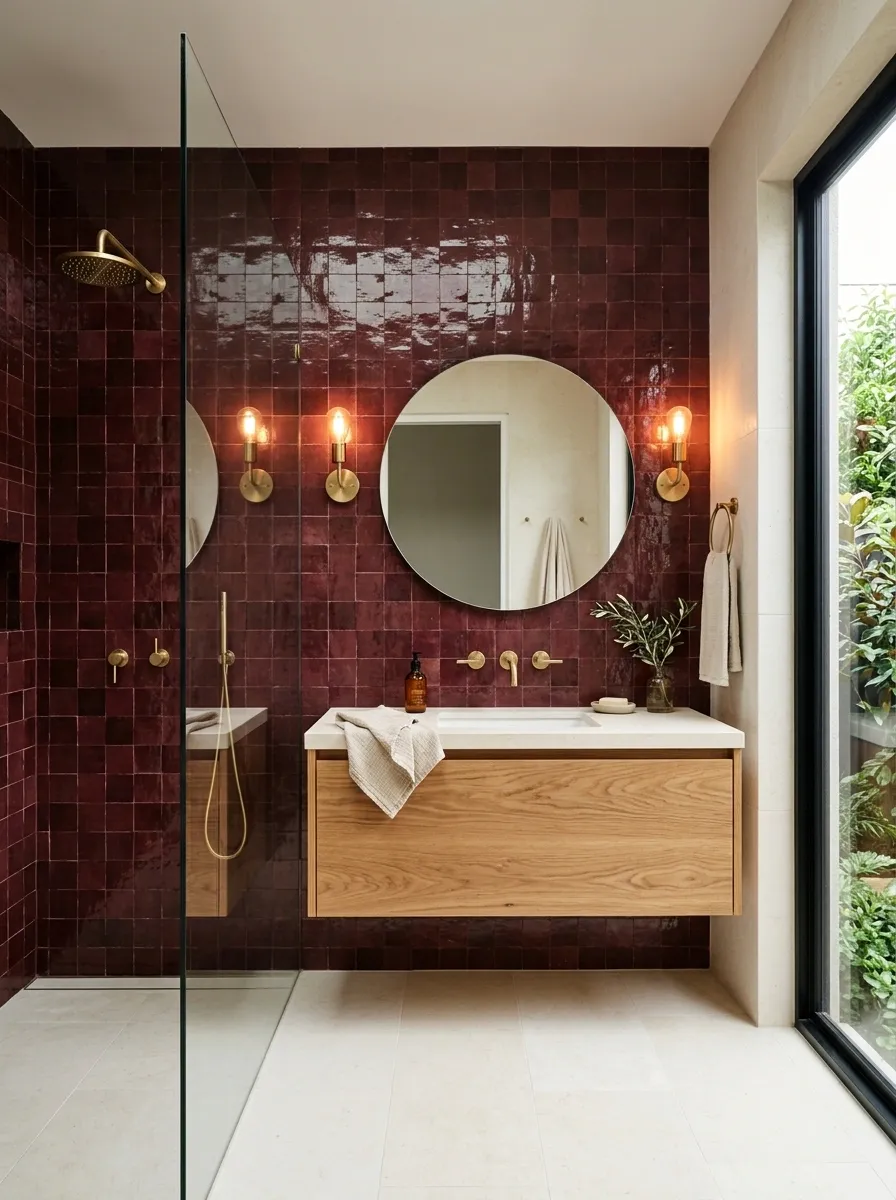Burgundy Zellige Bathroom With Aged Brass and Cream Stone