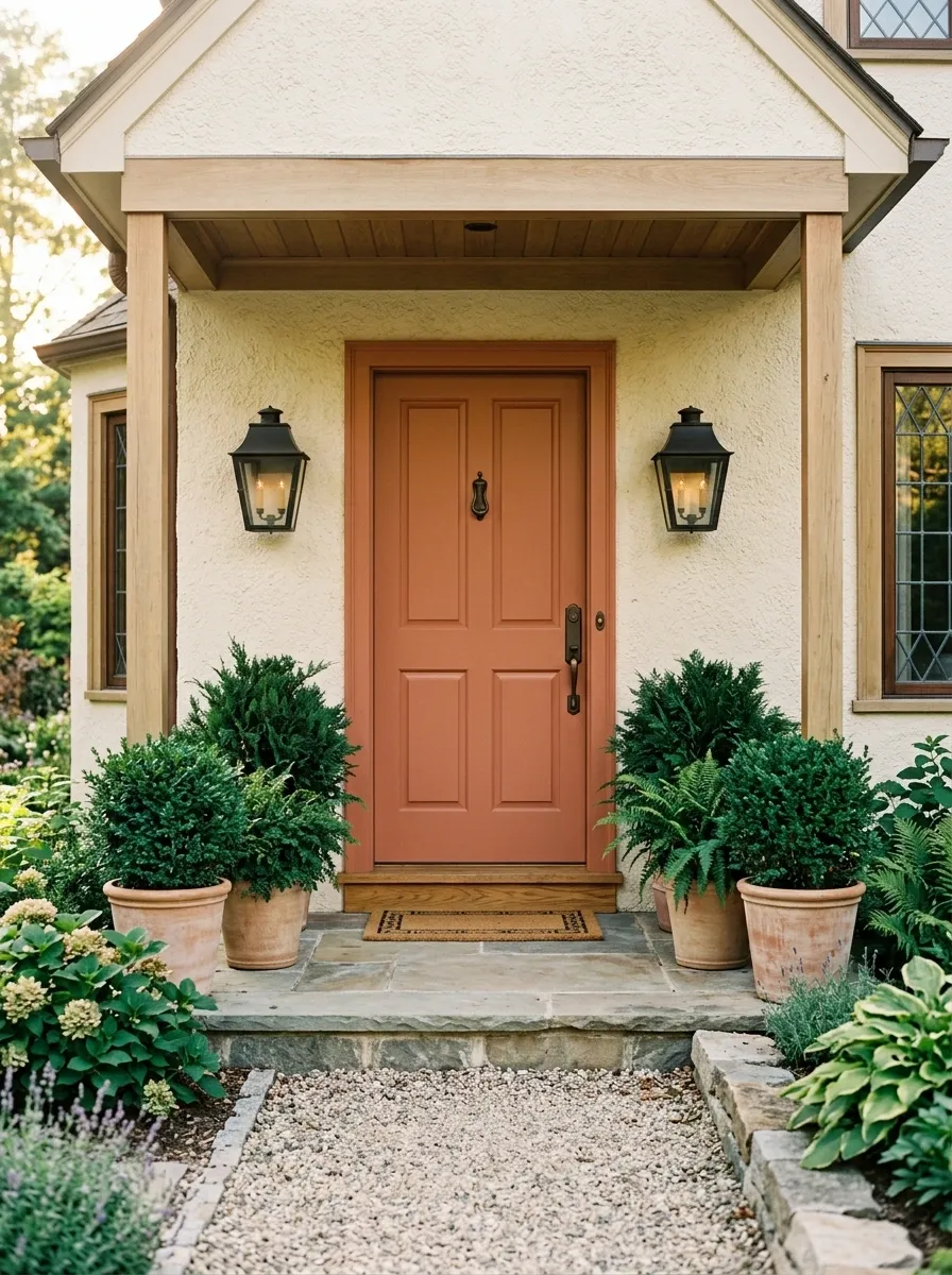 Burnt Orange Door With Dark Greenery