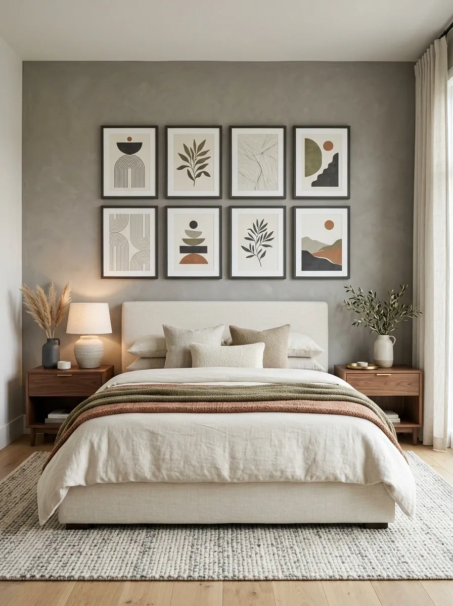 Calm Modern Bedroom With a Full-Width Art Composition