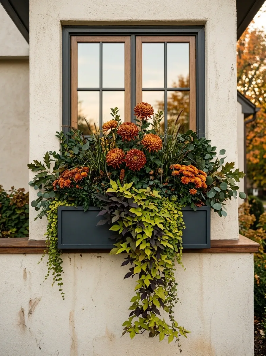 Cascading Sweet Potato Vine and Rust Mums