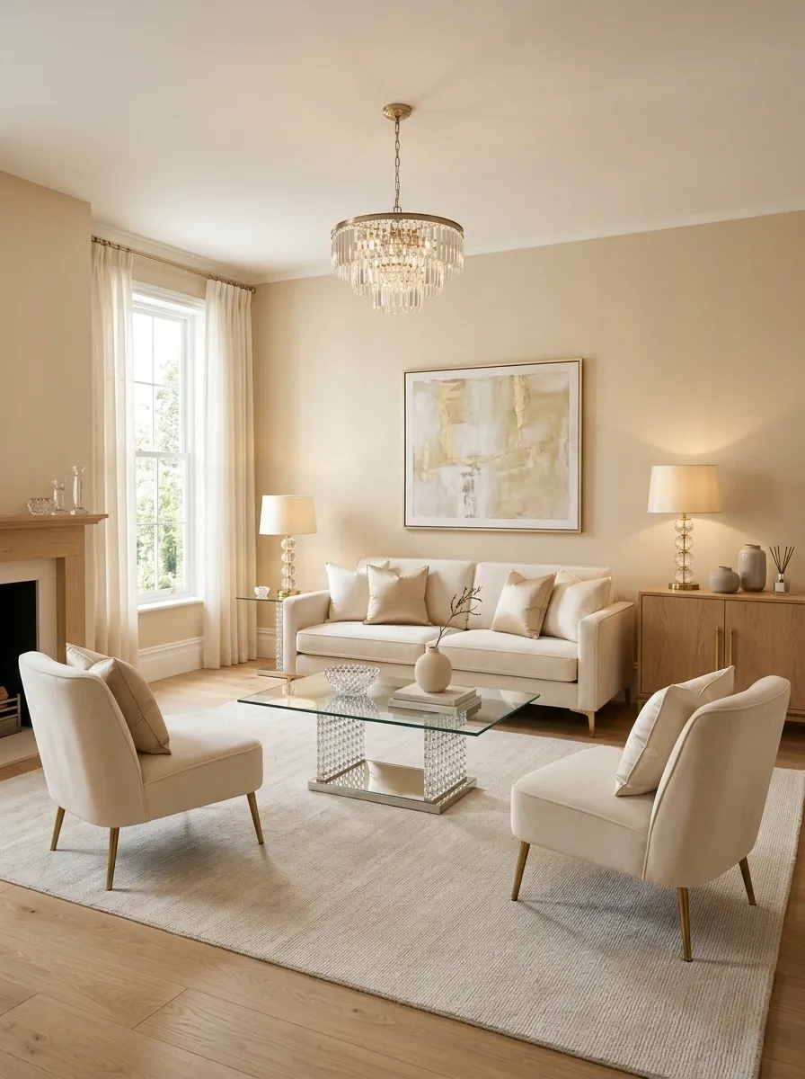 Champagne Crystal Glam Living Room With Velvet Furniture