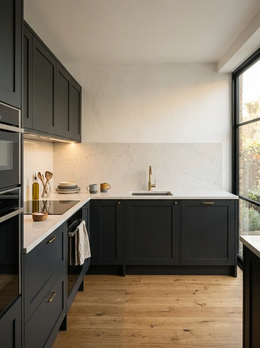 Charcoal Small Kitchen With a Light Stone Counter