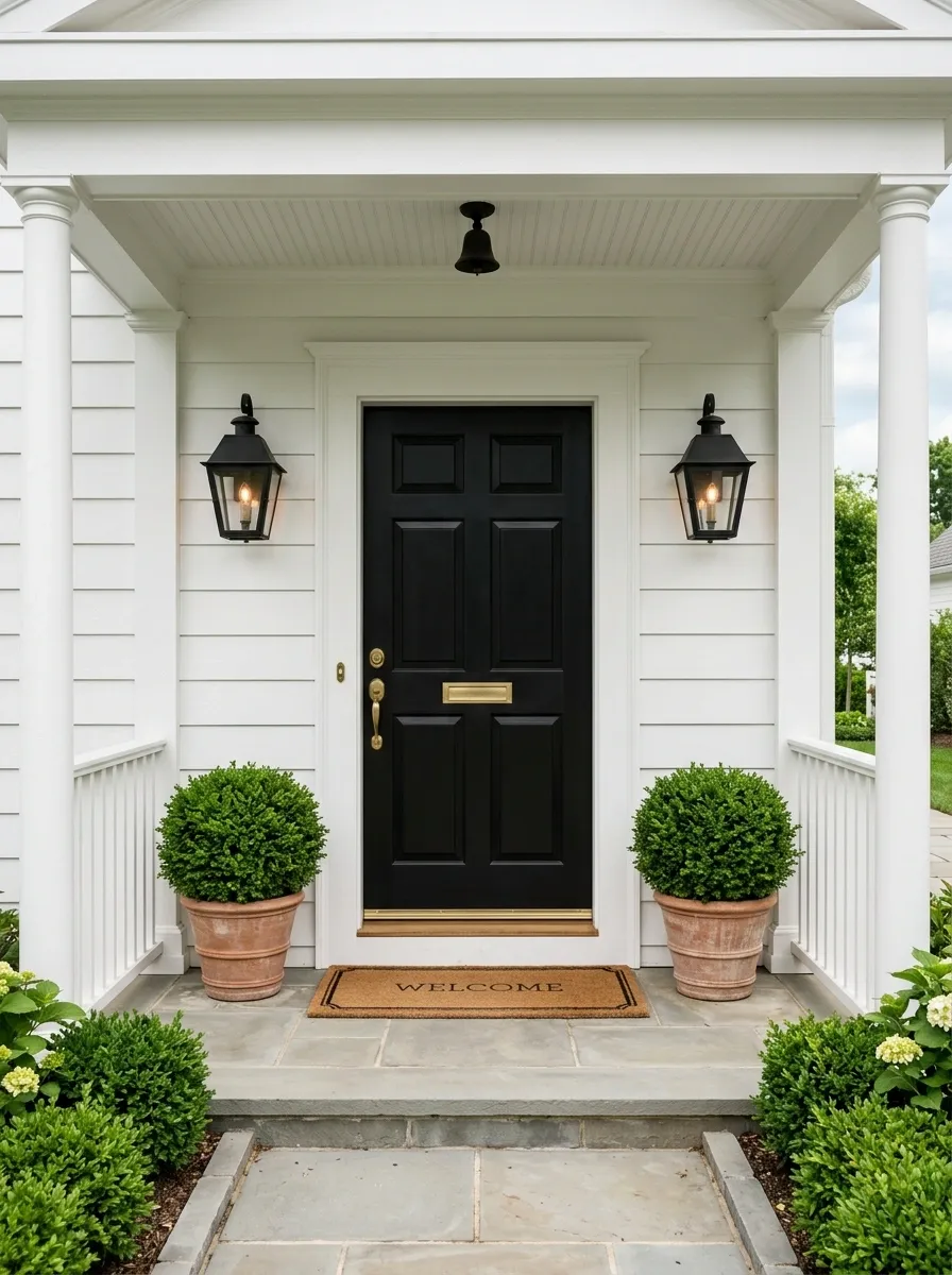 Classic Black Door With a White Symmetrical Entry