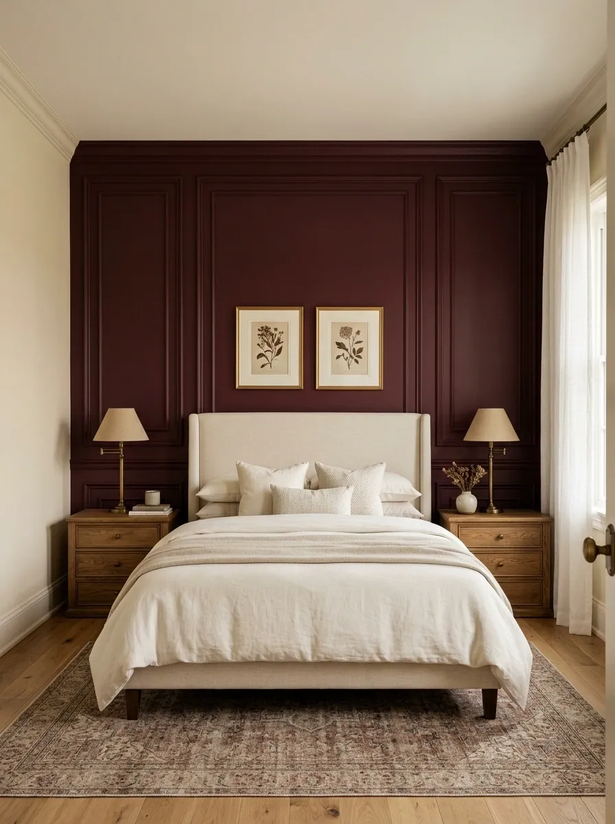 Classic Burgundy Bedroom With Cream Wall Paneling