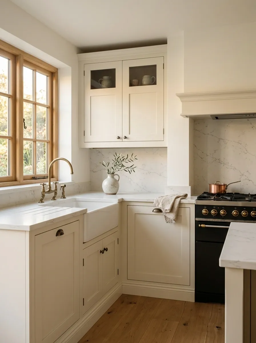 Classic Cream Kitchen With a Marble-Look Counter and Quiet Hardware
