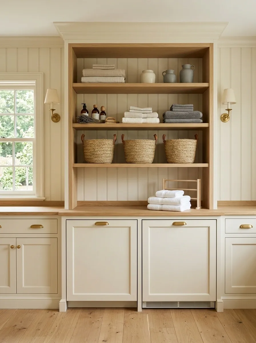 Classic Laundry Room With Built-In Shelves and Beadboard Walls