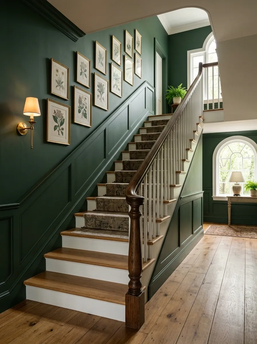 Classic Staircase With Deep Green Walls and Natural Wood