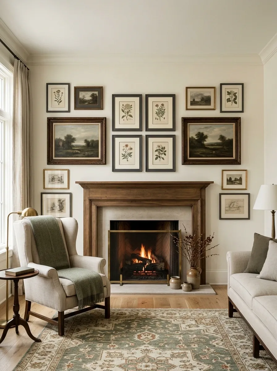 Classic Symmetrical Gallery Wall Around a Fireplace