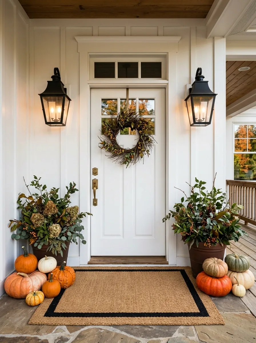 Classic White Door With Black Lanterns and Orange Pumpkins