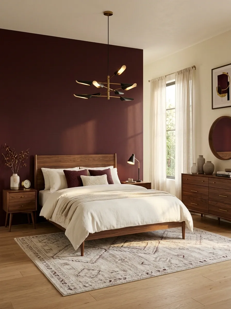 Clean Burgundy Bedroom With Mid-Century Walnut Furniture