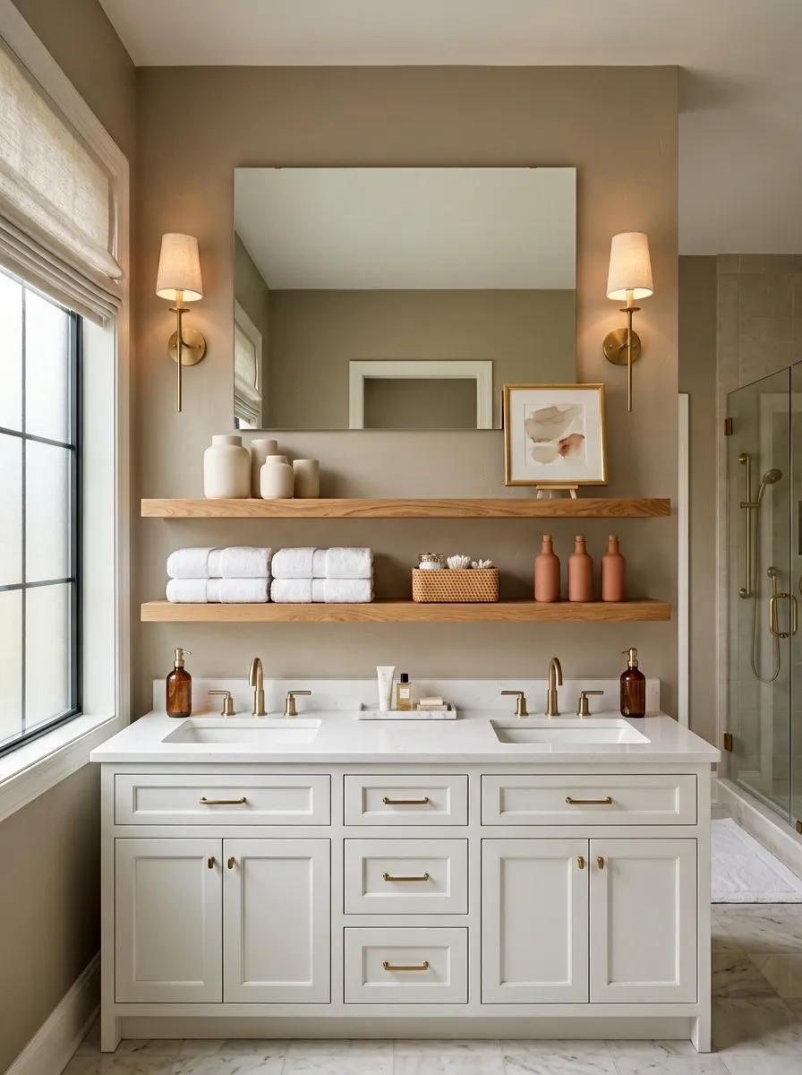 Clean Transitional Bathroom With Symmetrical Shelf Styling