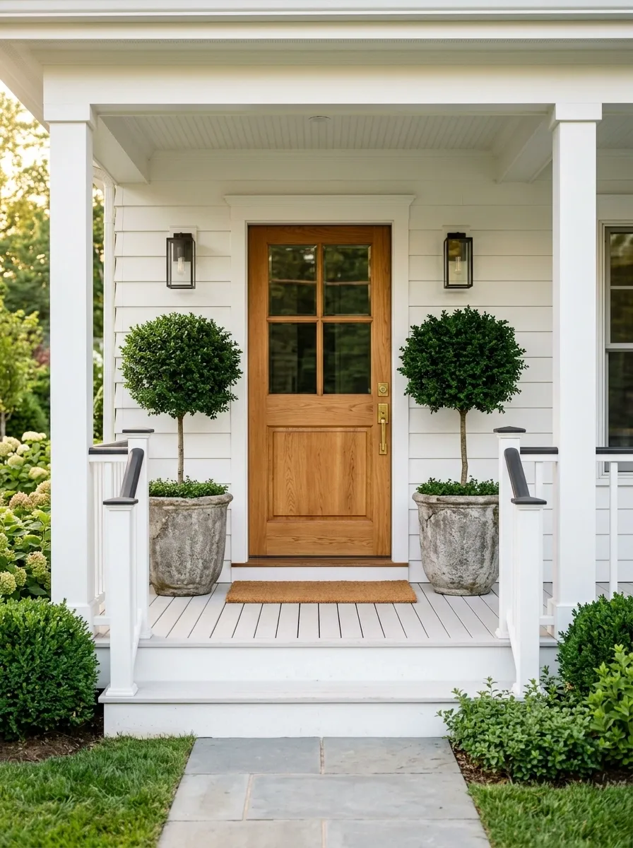 Clean White Porch With Green Topiary Pots