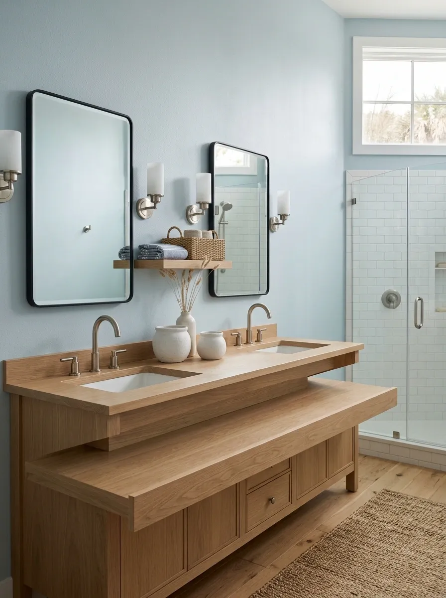 Coastal Bathroom With Pale Blue, Rope Texture, and White Ceramics