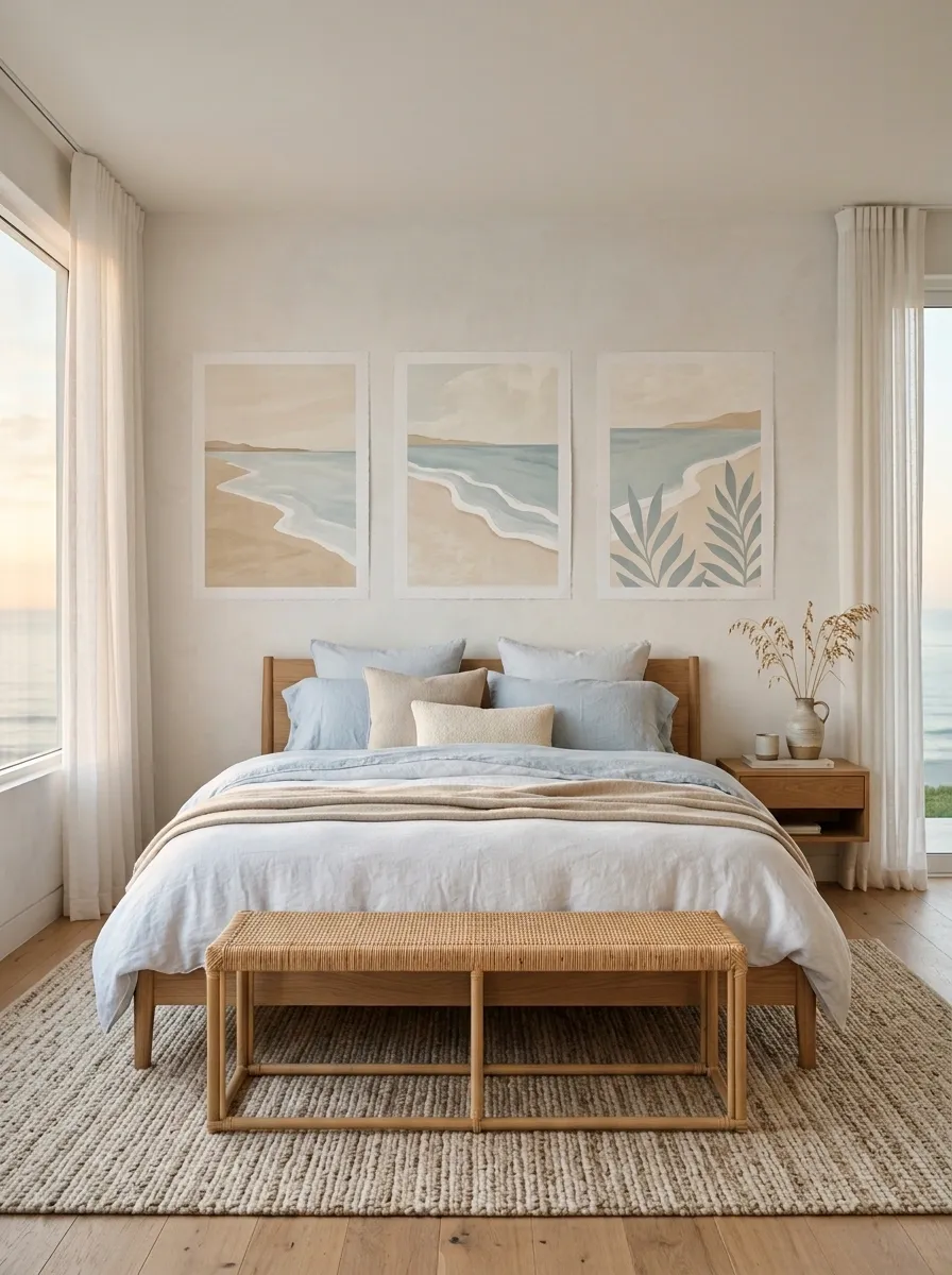 Coastal Bedroom With Soft Blue Poster Panels