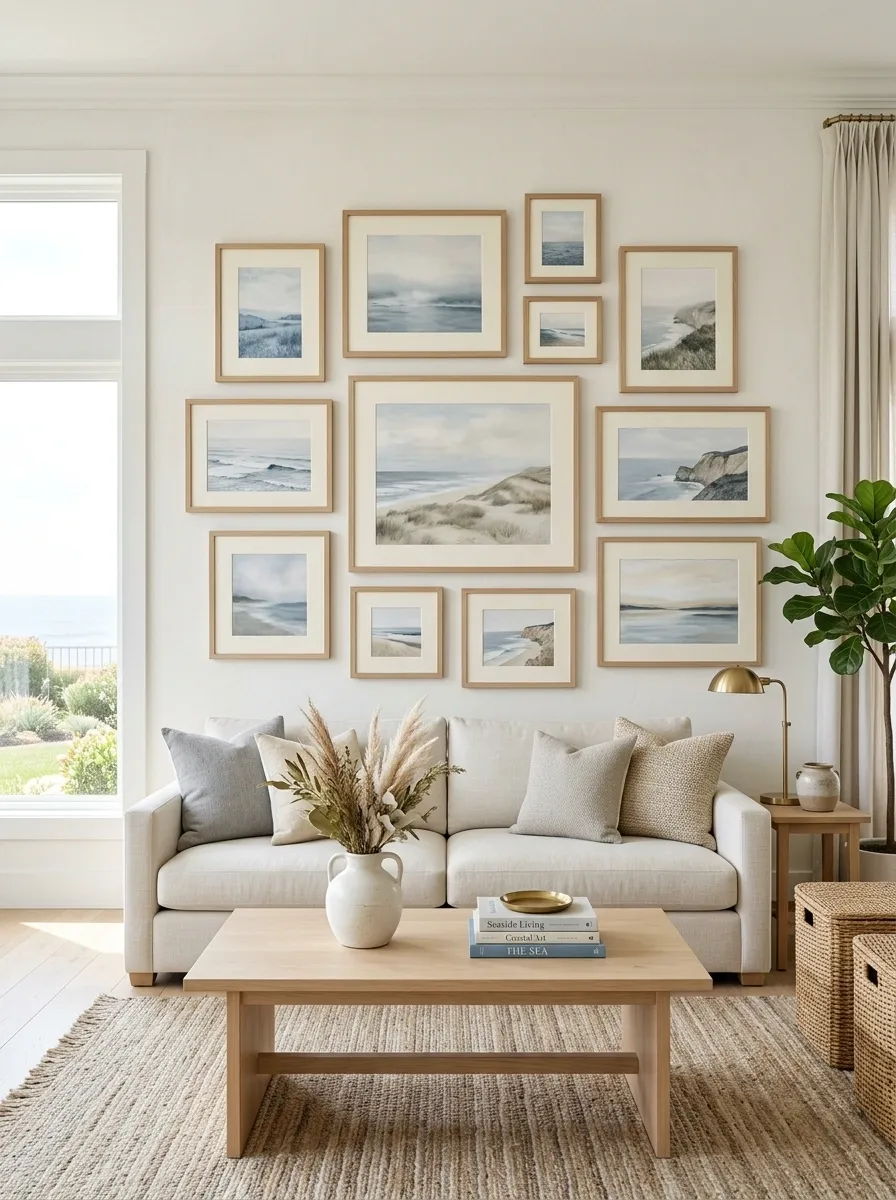 Coastal Gallery Wall With Faded Blues and Natural Frames
